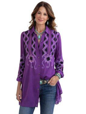NWT Vintage Collection Purple Embroidered Tunic Beaded Semi-Sheer Top Boho XS